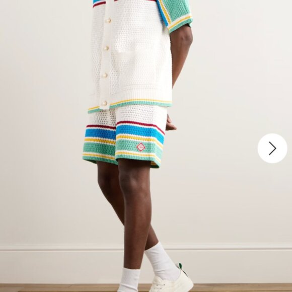 CASABLANCA Camp-Collar Logo-Appliquéd Striped Open-Knit Stretch-Cotton Shirt - Picture 2 of 10